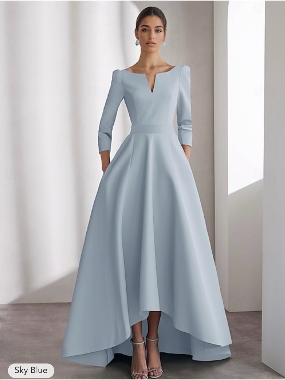 Elegant Sky Blue High-Low Formal Dress with 3/4 Sleeves